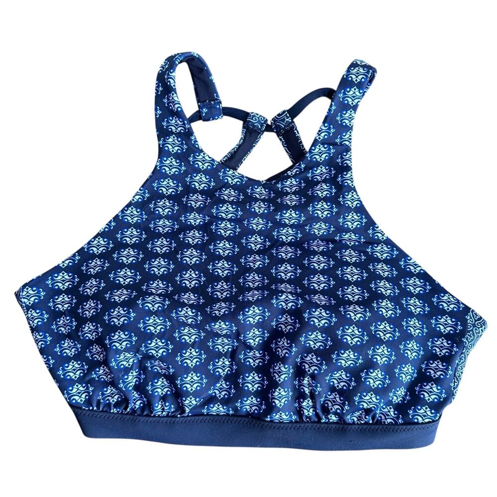 Athleta Women’s Navy White Tangier Bikini Swim Top High Neck Racerback 32D/DD